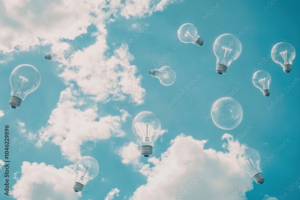 Wall mural blue sky with clouds with idea light bulbs floating in sky.
