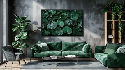 A modern living room with green accents and a framed print of green leaves.