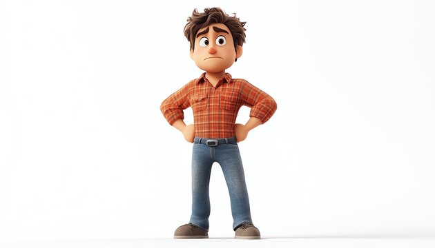 Angry cartoon figure standing confidently with hands on hips, dressed in casual wear and displaying annoyance against a white canvas