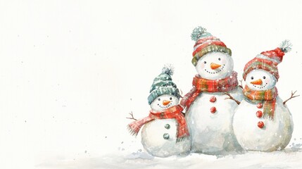 Watercolor snowman family with scarves and hats in pastel hues