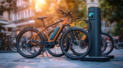 Modern Electric Bicycles Parked in Urban Setting