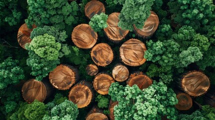 Aerial view of tree stumps surrounded by lush green foliage, highlighting deforestation.