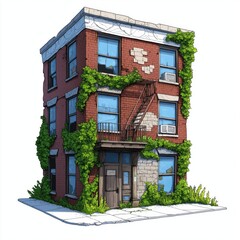 Obraz premium Abandoned Brick Building with Ivy and Fire Escape