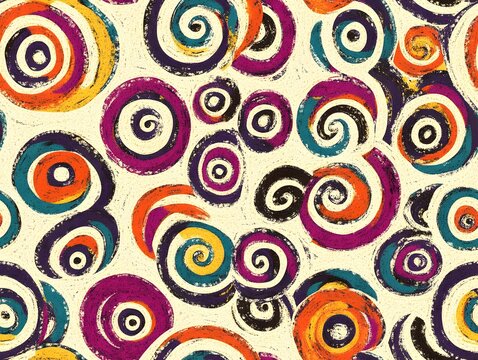 Abstract seamless pattern with colorful swirling circles on a beige background.