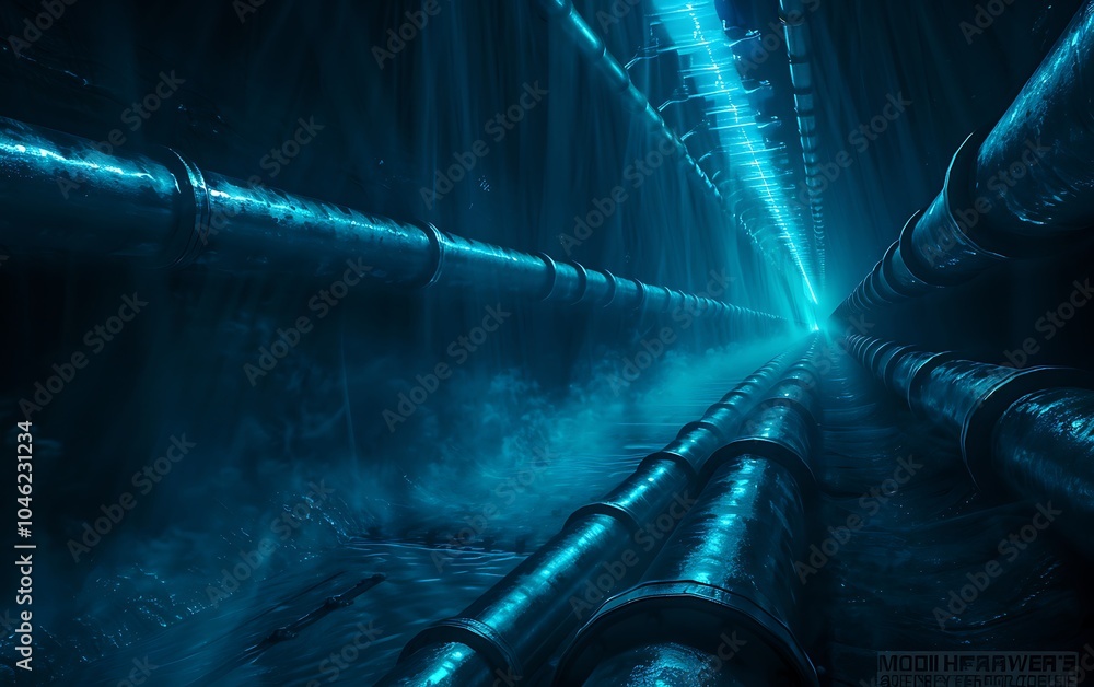 Poster underground fuel system processing biofuel with glowing pipelines and robotic optimization