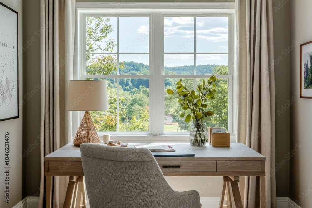 Poster a serene home office setup featuring a desk by a window with a view. soft colors and cozy decor make