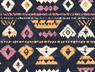 A seamless pattern with abstract geometric shapes in shades of pink, yellow and white against a dark blue background.