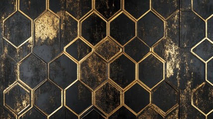 Black background with a luxurious golden geometric hexagon pattern, perfect for an elegant and modern wallpaper design.