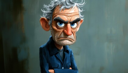 Whimsical depiction of a cartoon man with grey hair and blue eyes, sporting a blue jacket and jeans, exuding a grumpy demeanor