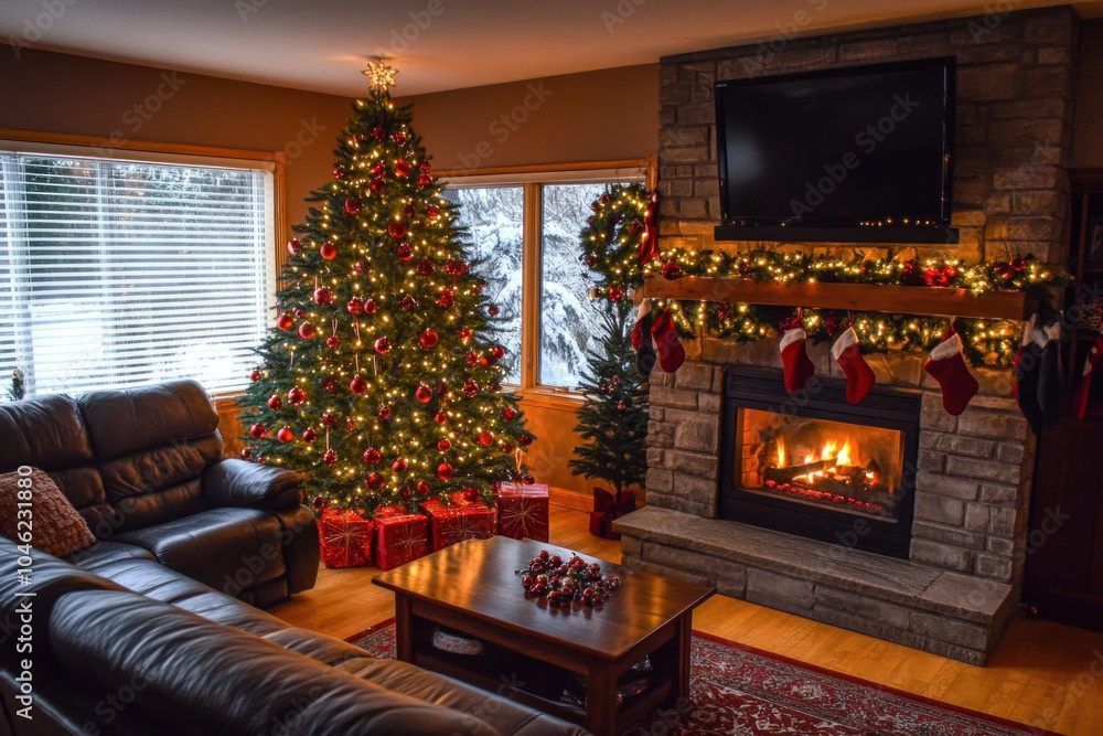 Poster A cozy living room decorated for Christmas with a lit fireplace and a beautifully adorned tree, creating a warm holiday atmosphere.