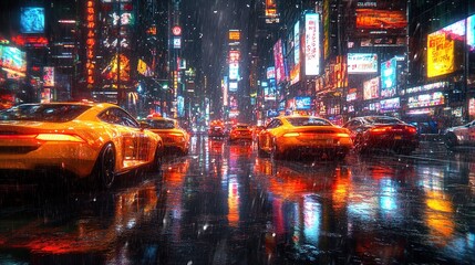 Fototapeta premium Rainy Cityscape with Neon Lights