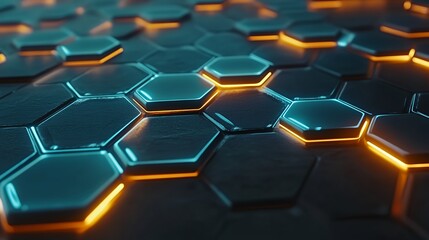 Fototapeta premium Futuristic metallic hexagonal tiles glow with cyan and orange light in a dark digital network environment.