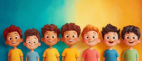 A group of adorable cartoon boys standing together, all smiling brightly against a vibrant backdrop