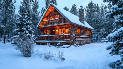 A cozy winter cabin with a crackling fireplace and snowy landscape, Snowy retreat style, photo of