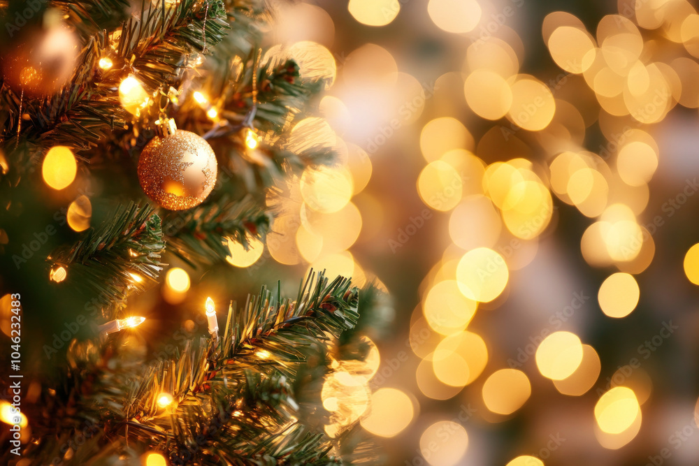 Sticker Christmas tree adorned with twinkling lights and colorful baubles, casting a warm and festive glow on a snowy evening.