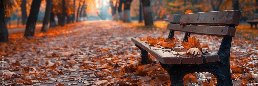 Poster an urban park path is blanketed with fallen leaves, showcasing benches alongside trees in warm autum
