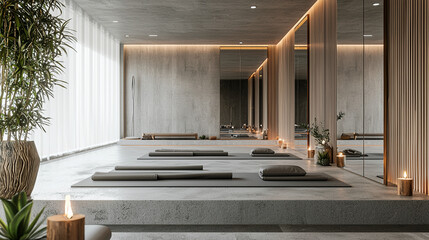 A contemporary yoga studio featuring polished concrete