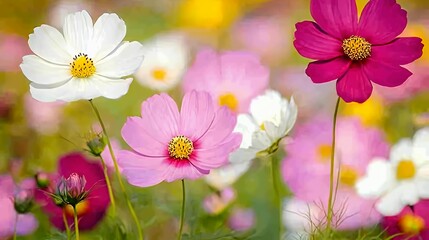 A vibrant field of pink, white, and magenta cosmos flowers in bloom with a soft blurry background.