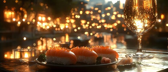 A romantic evening setting featuring three pieces of sushi atop a dark plate, accompanied by a sparkling glass of wine, glowing warmly under the lights along the waterfront.