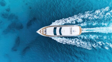 Luxury yacht sailing on blue water, aerial view, serene marine landscape.