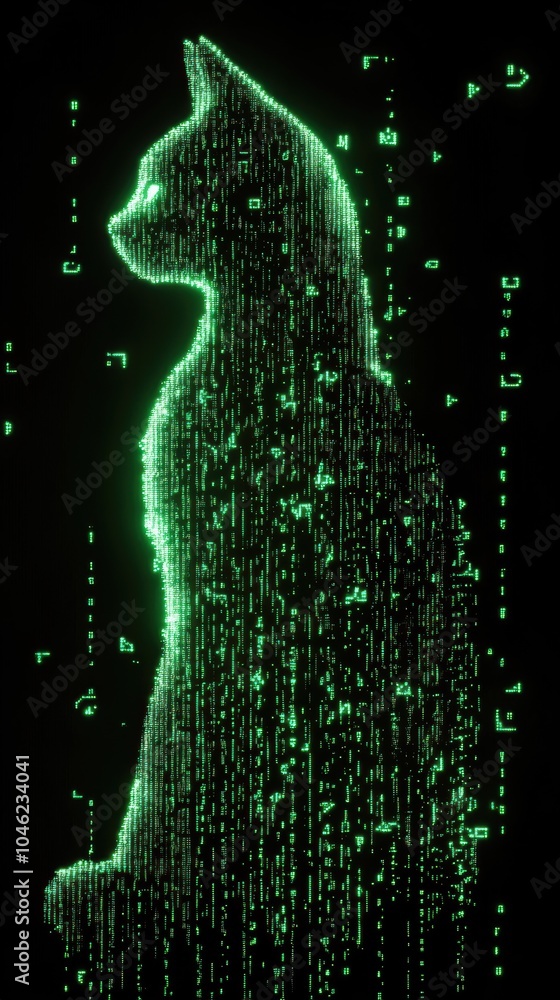 Poster create a 3d banner featuring the silhouette of a computer formed by glowing neon green digital code 
