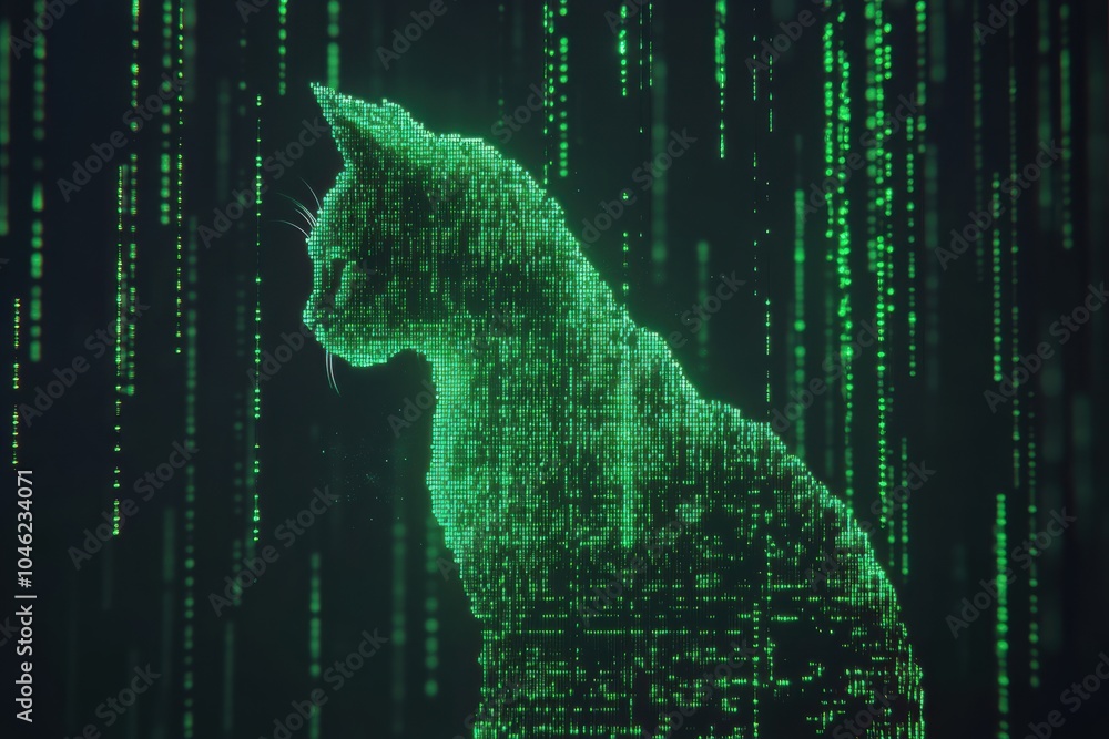 Poster create a 3d banner featuring the silhouette of a computer formed by glowing neon green digital code 