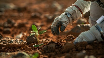 Close-up of an astronaut's gloved hand gently touching a small plant growing on the red soil of Mars.