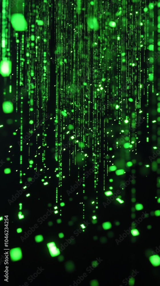 Aufkleber create a 3d banner featuring the silhouette of a computer formed by glowing neon green digital code