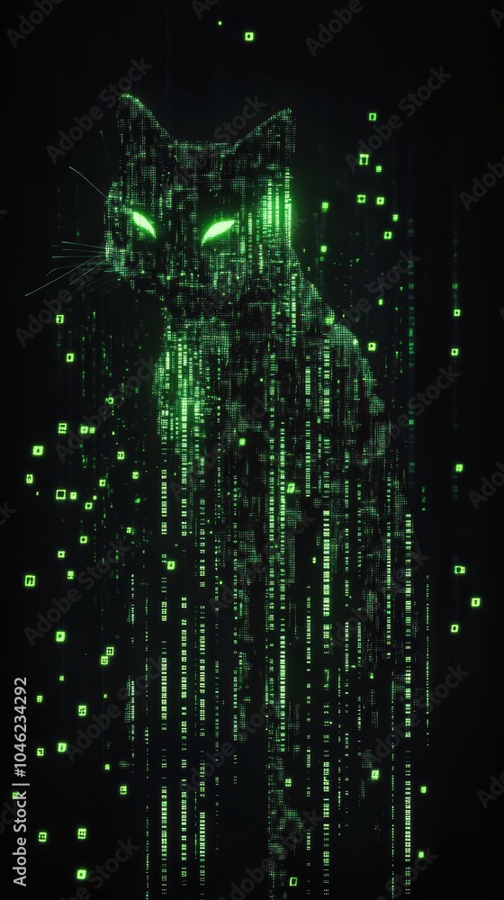 Poster create a 3d banner featuring the silhouette of a computer formed by glowing neon green digital code 