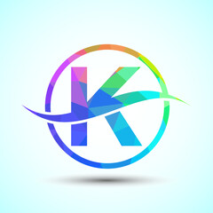 English alphabet K with swoosh or ocean wave logo design. Graphic alphabet symbol for corporate business identity