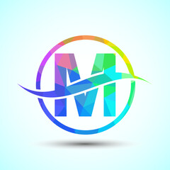 English alphabet M with swoosh or ocean wave logo design. Graphic alphabet symbol for corporate business identity