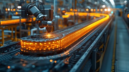 Industrial Robot Arm Working on Automated Production Line with Orange Lights