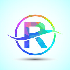 English alphabet R with swoosh or ocean wave logo design. Graphic alphabet symbol for corporate business identity