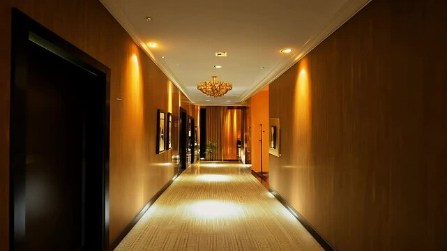 highquality 4K walkthrough modern hotel corridor orange palette offers pointofview journey empty hallway highlighting luxurious design sleek architectural details hall indoor interior luxury