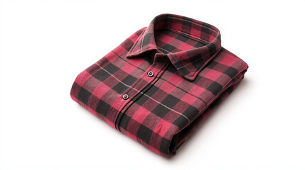 red and black plaid shirt is neatly folded with collar and buttons prominently displayed,highlighting its colors and patterns against a white background,copy space