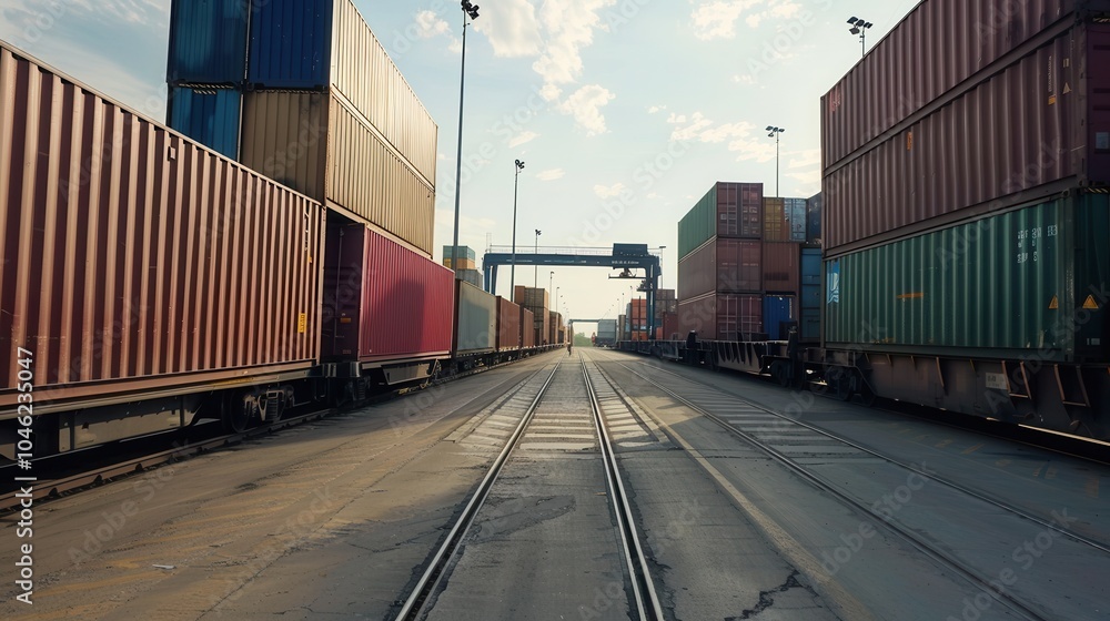 Aufkleber containers are being efficiently transferred from trucks to trains at a bustling intermodal facility