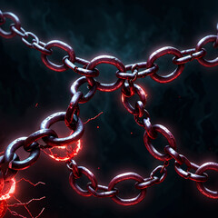 A closeup of a thick, metallic chain, glowing red with heat as it breaks apart. The background is dark with subtle red and blue hues.