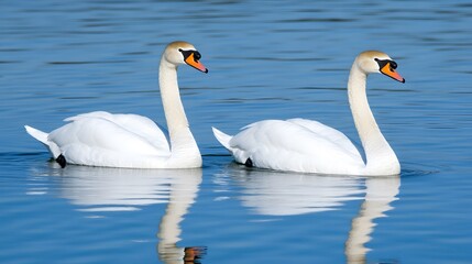 Obraz premium Two white swans with orange beaks swimming side by side in a blue lake.