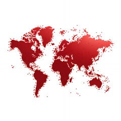 A red world map with small dots representing different countries on a white background.
