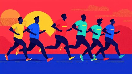 A vibrant illustration of runners in motion, showcasing diverse outfits against a colorful sunset backdrop.