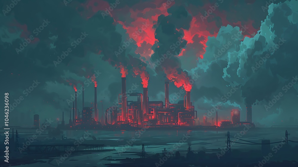 Poster Futuristic Fossil Fuel Refinery with Massive Machines and AI-Driven Monitoring under Cloudy Skies