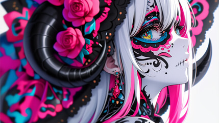Obraz premium A Happy Young Caucasian Catrina with Pure White Skin and Black Ram Horns, Sporting Long Straight Bright Pink Hair and Dia de Muertos Makeup, Leaning Forward Against a Simple Backlit Background at Nigh