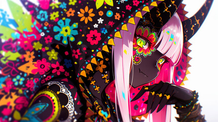 Fototapeta premium A Happy Young Caucasian Catrina with Pure White Skin and Black Ram Horns, Sporting Long Straight Bright Pink Hair and Dia de Muertos Makeup, Leaning Forward Against a Simple Backlit Background at Nigh