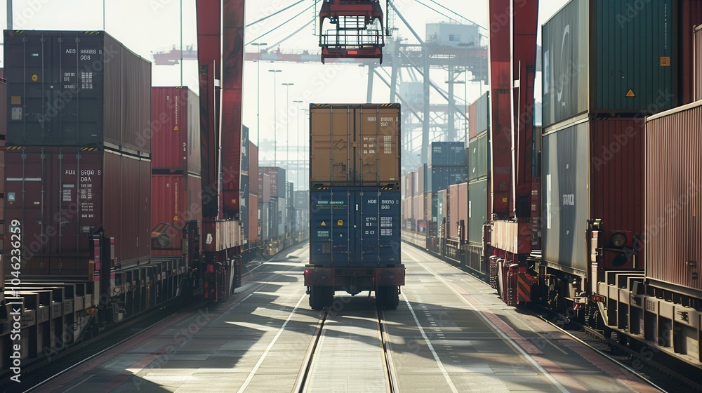 Poster Containers are being transferred from a truck to a train in a bustling freight terminal under soft morning light. Generative AI