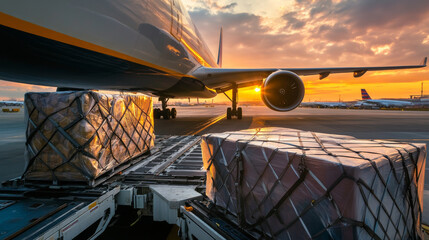 High-value goods air freight showing luxury items being loaded into a secure, guarded aircraft, with specialized containers and high security