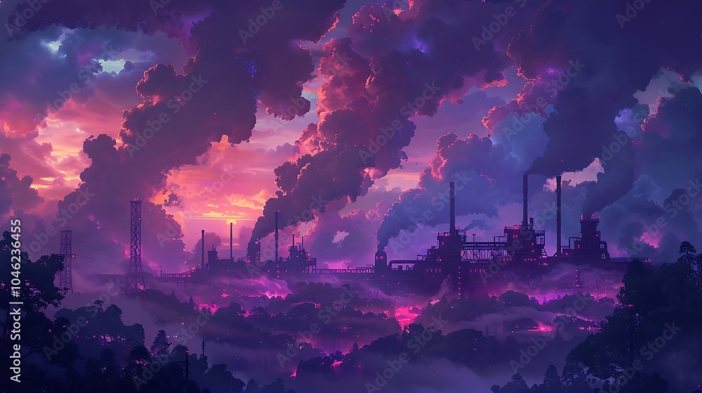 Poster Futuristic Fossil Fuel Refinery with Massive Machines and AI-Driven Monitoring under Cloudy Skies