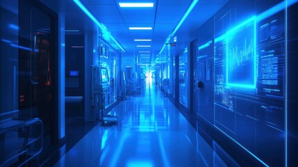 Fototapeta premium A futuristic server room corridor with blue neon lights and transparent data screens, reflecting advanced technology and cyber-infrastructure in a sleek, modern design.