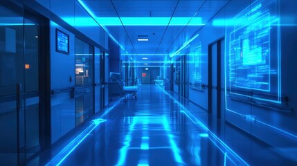 Fototapeta premium A futuristic hospital corridor illuminated with blue lights, featuring high-tech screens and a solitary hospital bed, suggesting advanced medical technology in a sterile environment.