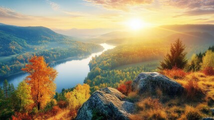Serene Sunrise Over Autumn Landscape and River