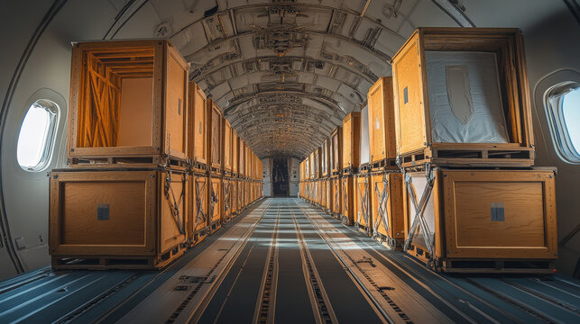 Inside view of an aircraft with art and antique crates secured for transport, with special attention to cushioning and protection